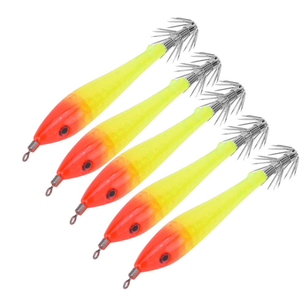 OKJHFD 5Pcs Luminous Squid Jigs Hook Fishing Lures Baits for Saltwater Freshwater Fishing Tackle Accessories(Yellow)