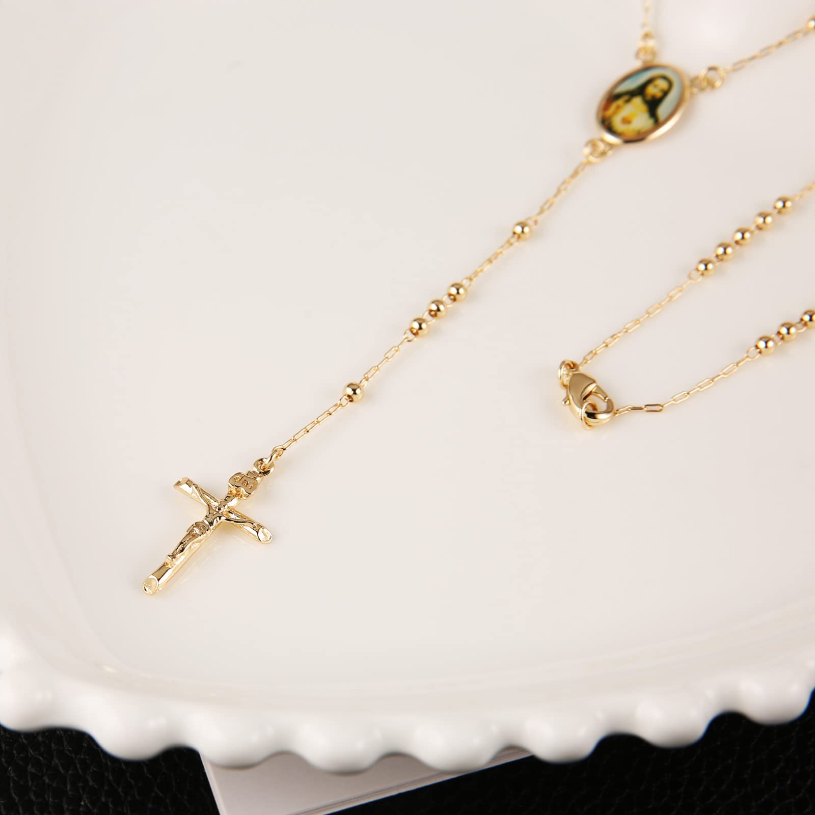 HZMAN Dainty Rosary necklace for Women Long Gold Plated Brass Lariat Y Cross necklace Jewelry Gift