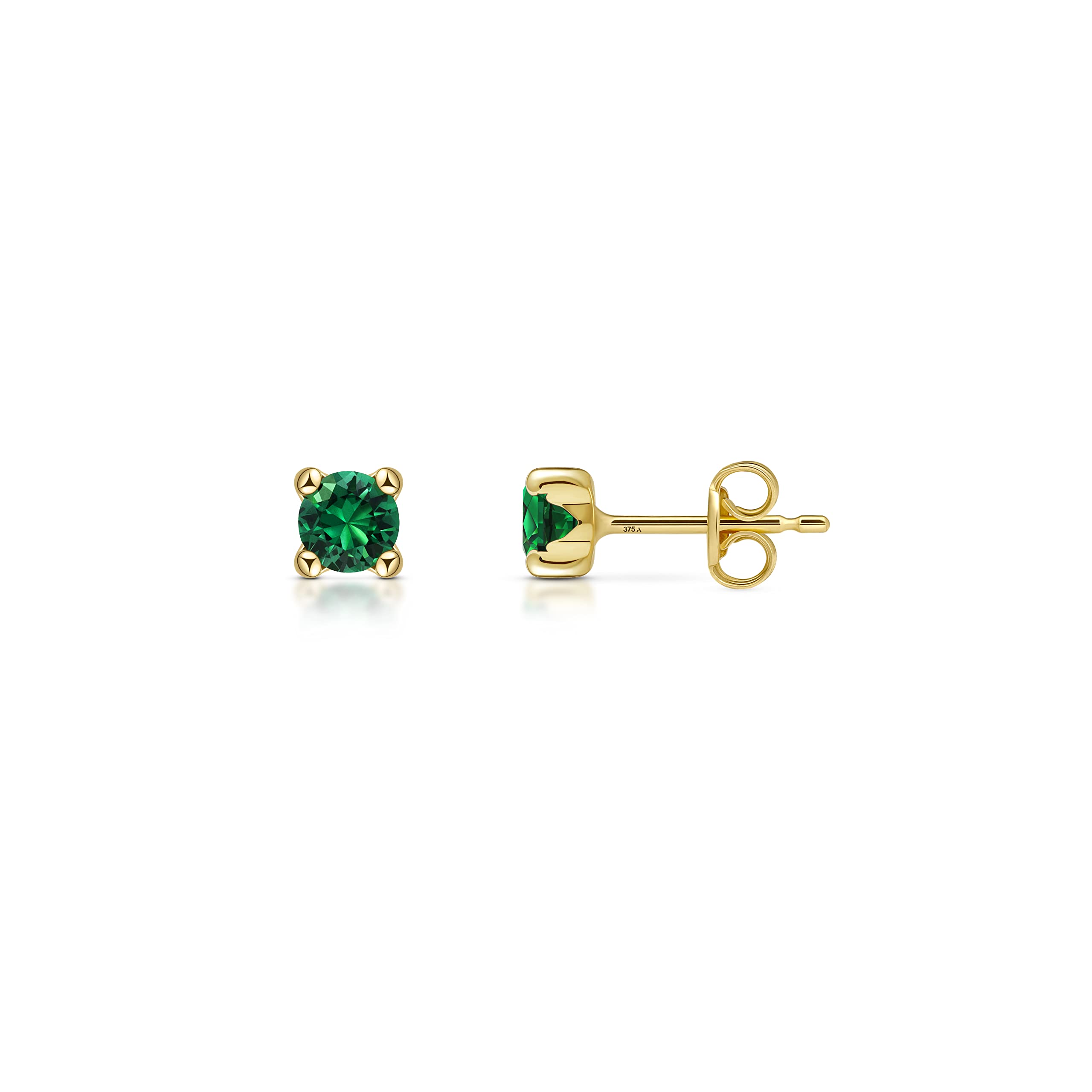 Amberta Allure Women 9 Ct Yellow Gold Synthetic Gemstone Stud Earrings: Simulated Emerald 4 mm Stone