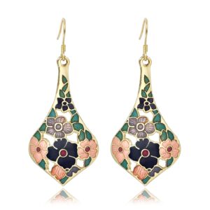 JA.S.JR Enamel Flower Teardrop Earrings Gold Dangle Earrings for Women