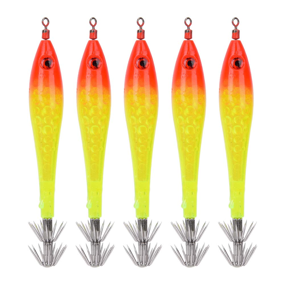 OKJHFD 5Pcs Luminous Squid Jigs Hook Fishing Lures Baits for Saltwater Freshwater Fishing Tackle Accessories(Yellow)