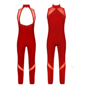 Aislor Girls Full Length One Piece Tank Dance Unitard Mock Neck Open Back Mesh Splice Bodysuit Leotard Jumpsuit Burgundy 8 Years