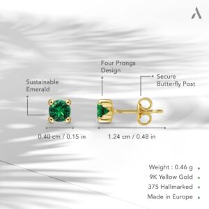 Amberta Allure Women 9 Ct Yellow Gold Synthetic Gemstone Stud Earrings: Simulated Emerald 4 mm Stone