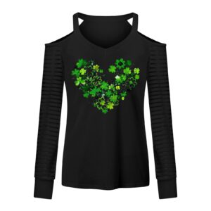 Saint Patricks Day Womens Cold Shoulder Long Sleeve Heart Green Clover Print Shirts Blouse Breathable Loose Tee Tops