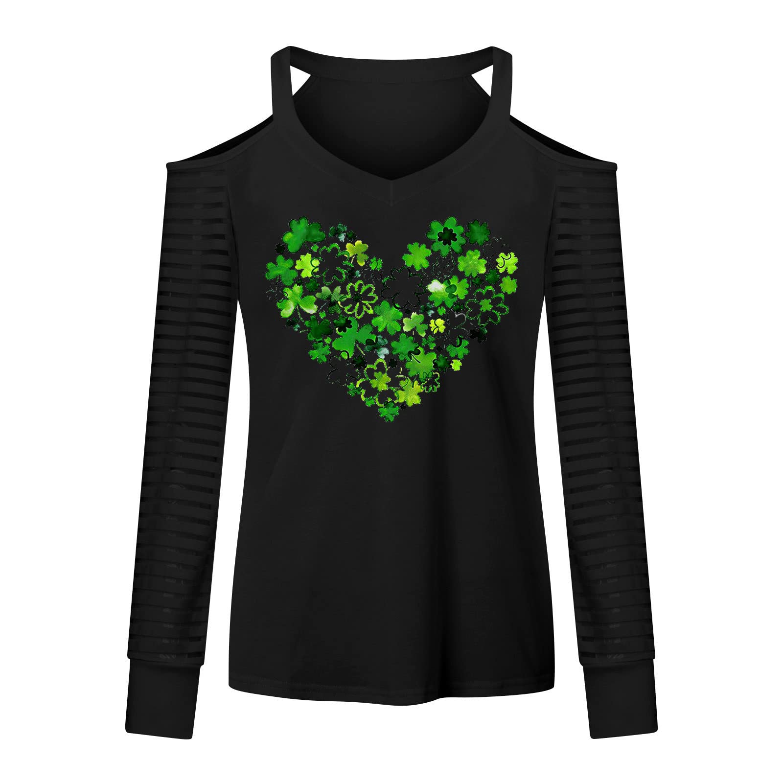 Saint Patricks Day Womens Cold Shoulder Long Sleeve Heart Green Clover Print Shirts Blouse Breathable Loose Tee Tops