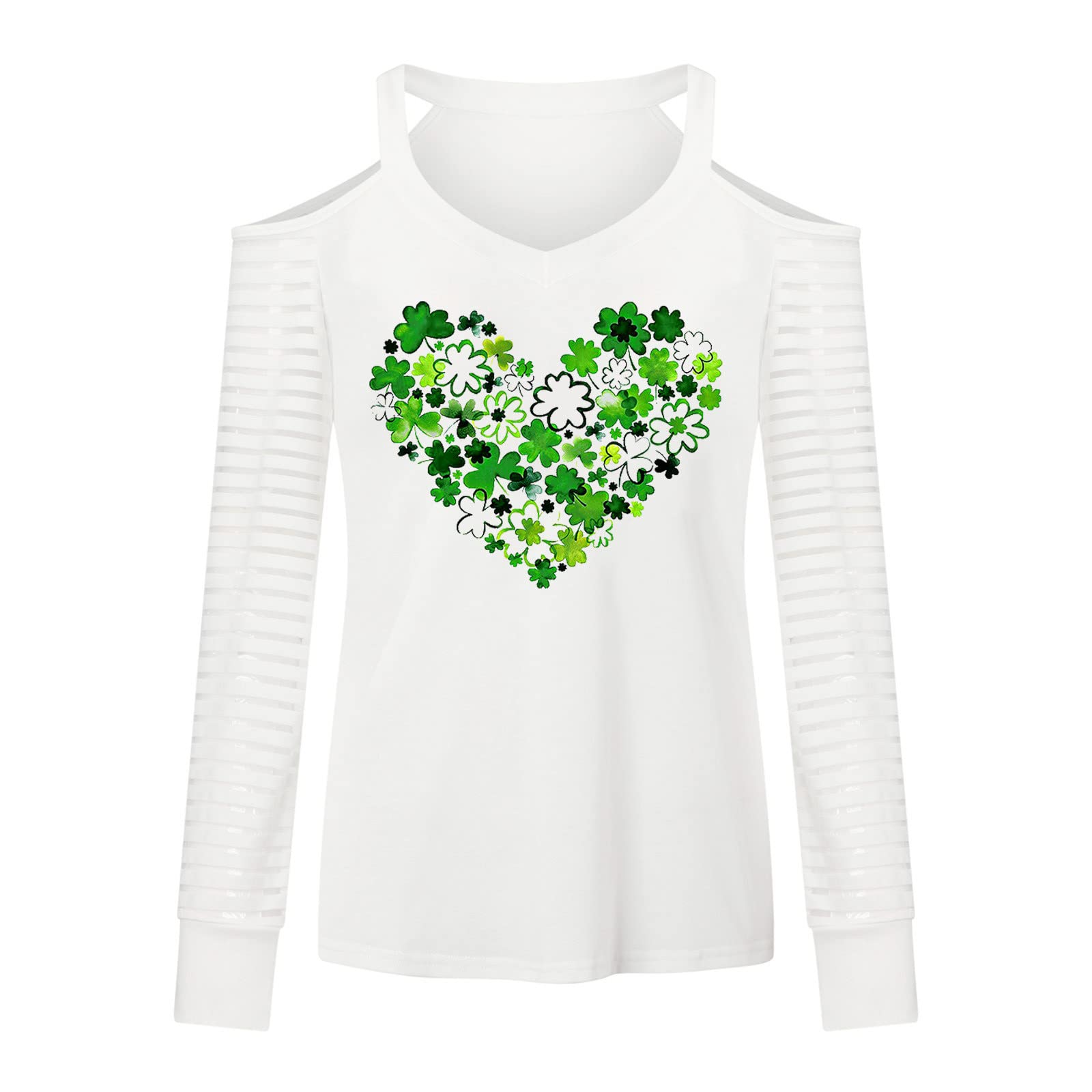 Saint Patricks Day Womens Cold Shoulder Long Sleeve Heart Green Clover Print Shirts Blouse Breathable Loose Tee Tops