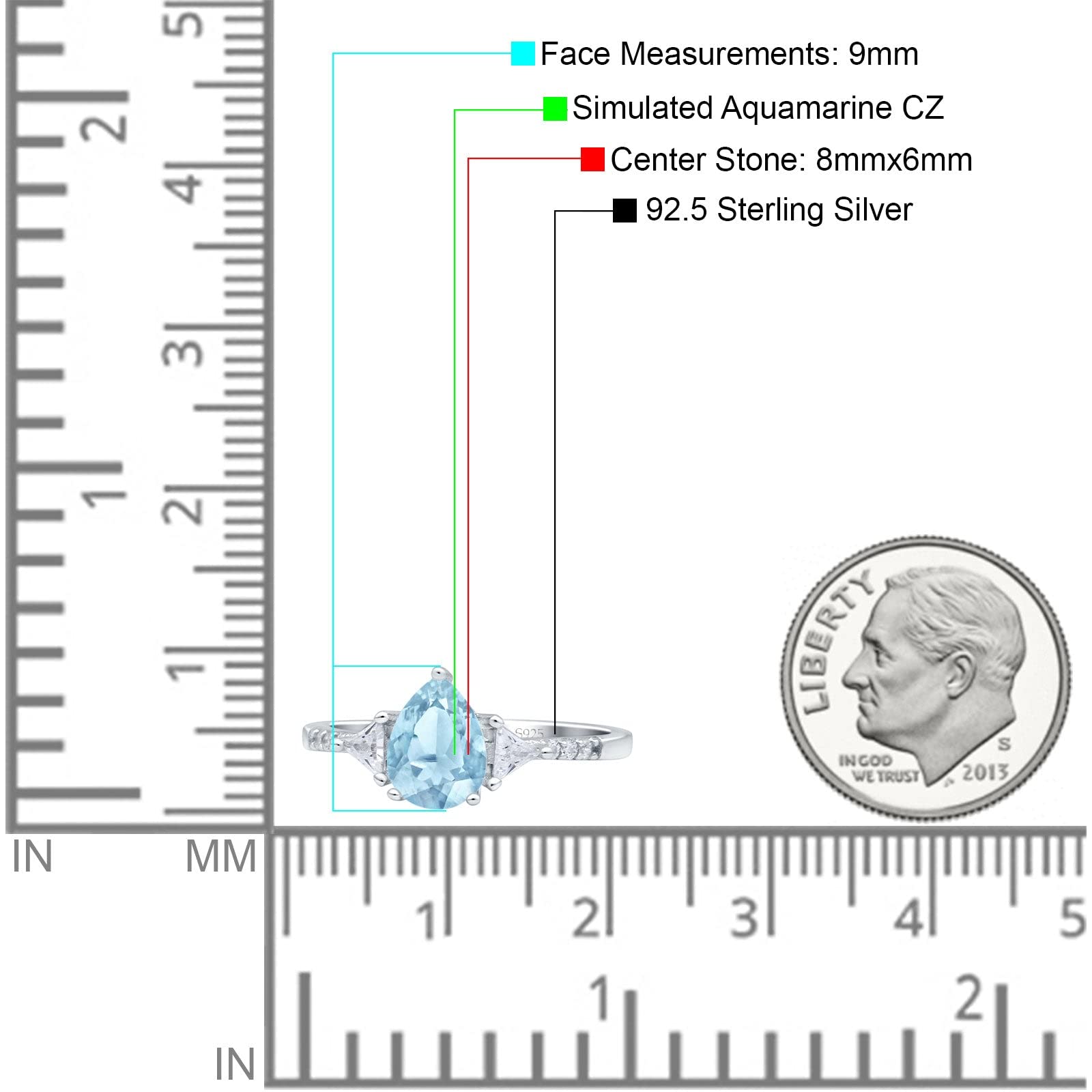 OMRANII Simulated Aquamarine CZ Size-7 Teardrop Pear Art Deco Engagement Wedding Bridal Ring Round Triangle Round CZ 925 Sterling Silver