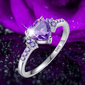 AIMAOMI Women Heart Shaped Engagement Rings Inlaid Zircon Anniversary Rings Elegant Exquisite Wedding Jewelry (Purple, 7)