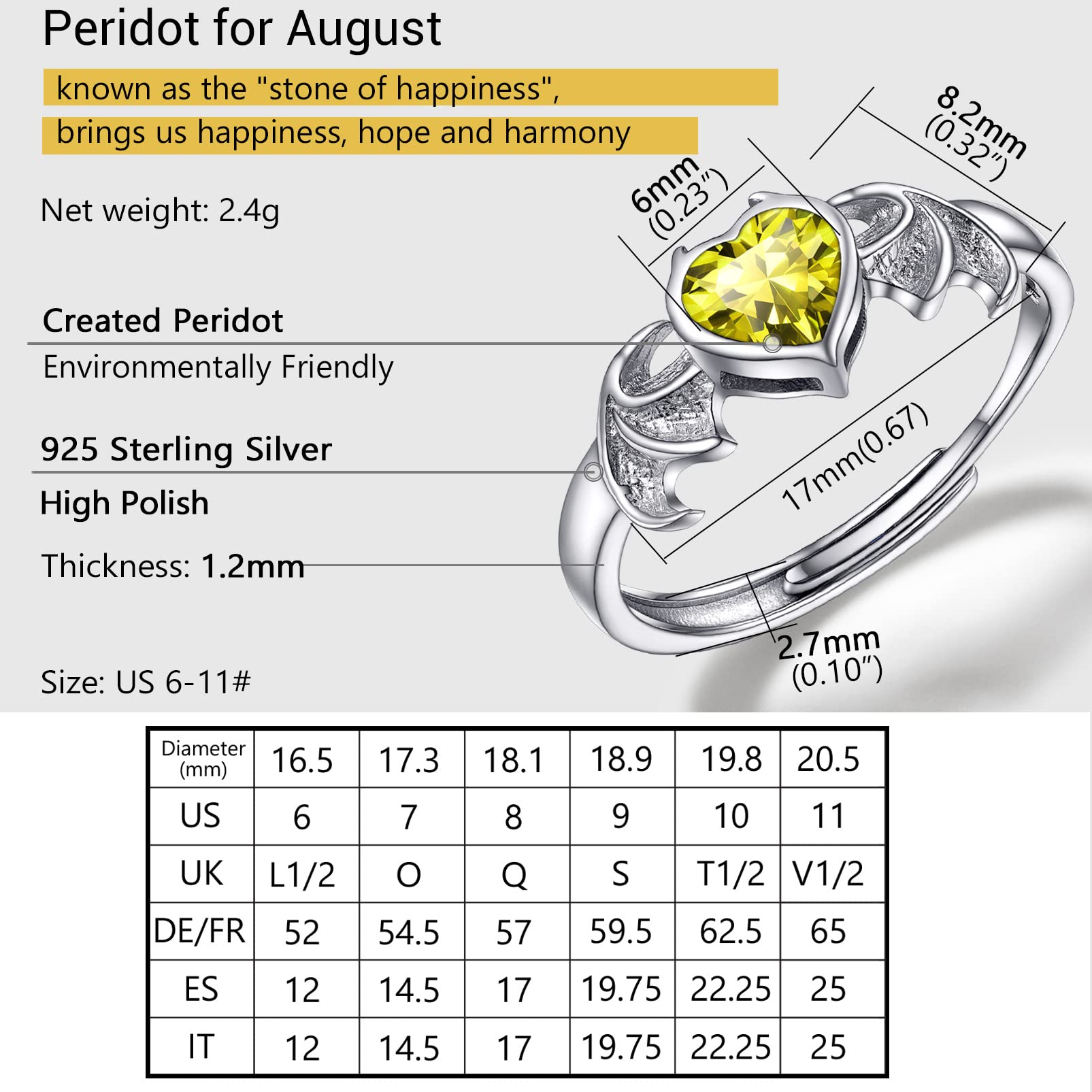 PROSILVER Cute Vampire Ring August Birthstone Silver Adjustable Wing Heart Ring for Women