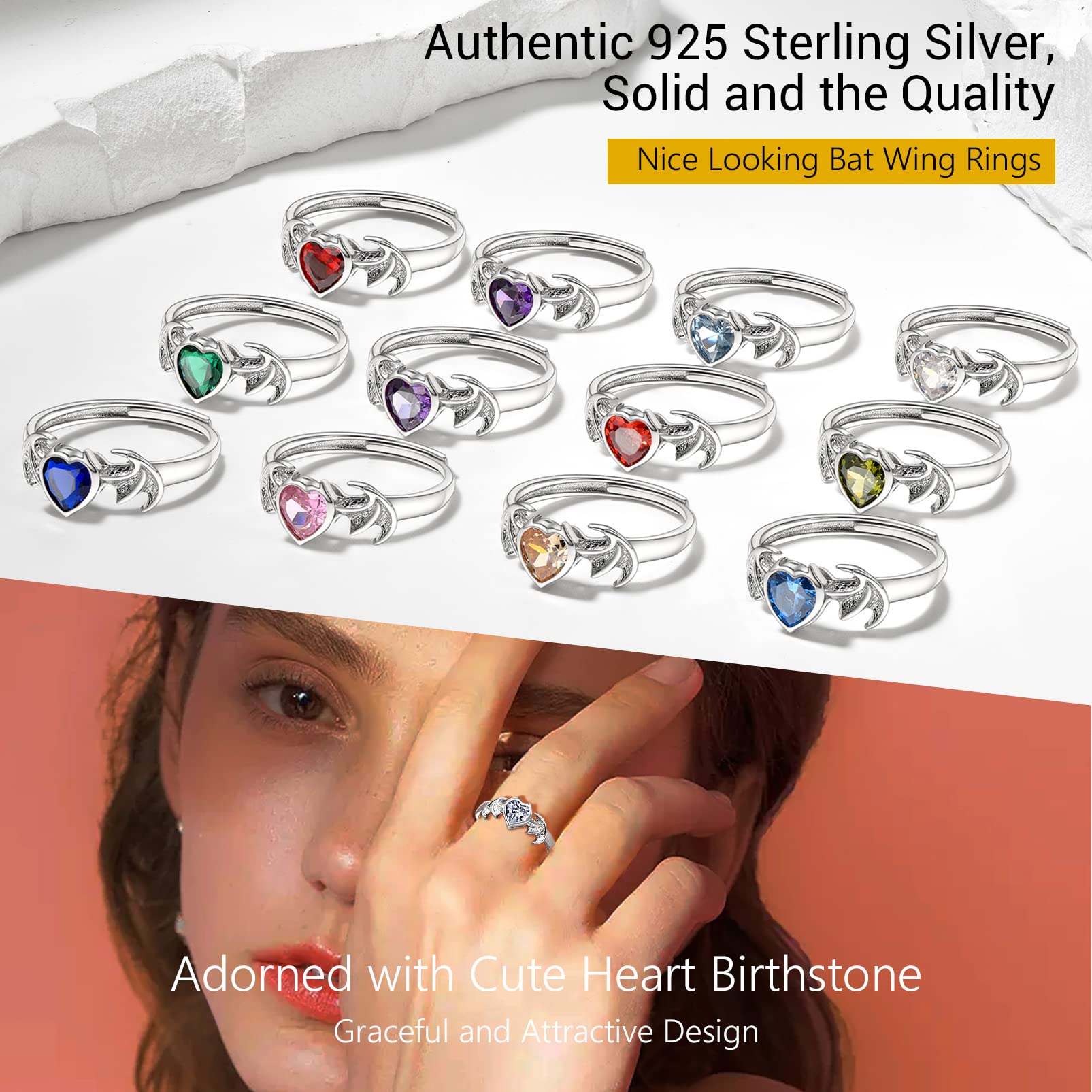 PROSILVER Cute Vampire Ring August Birthstone Silver Adjustable Wing Heart Ring for Women