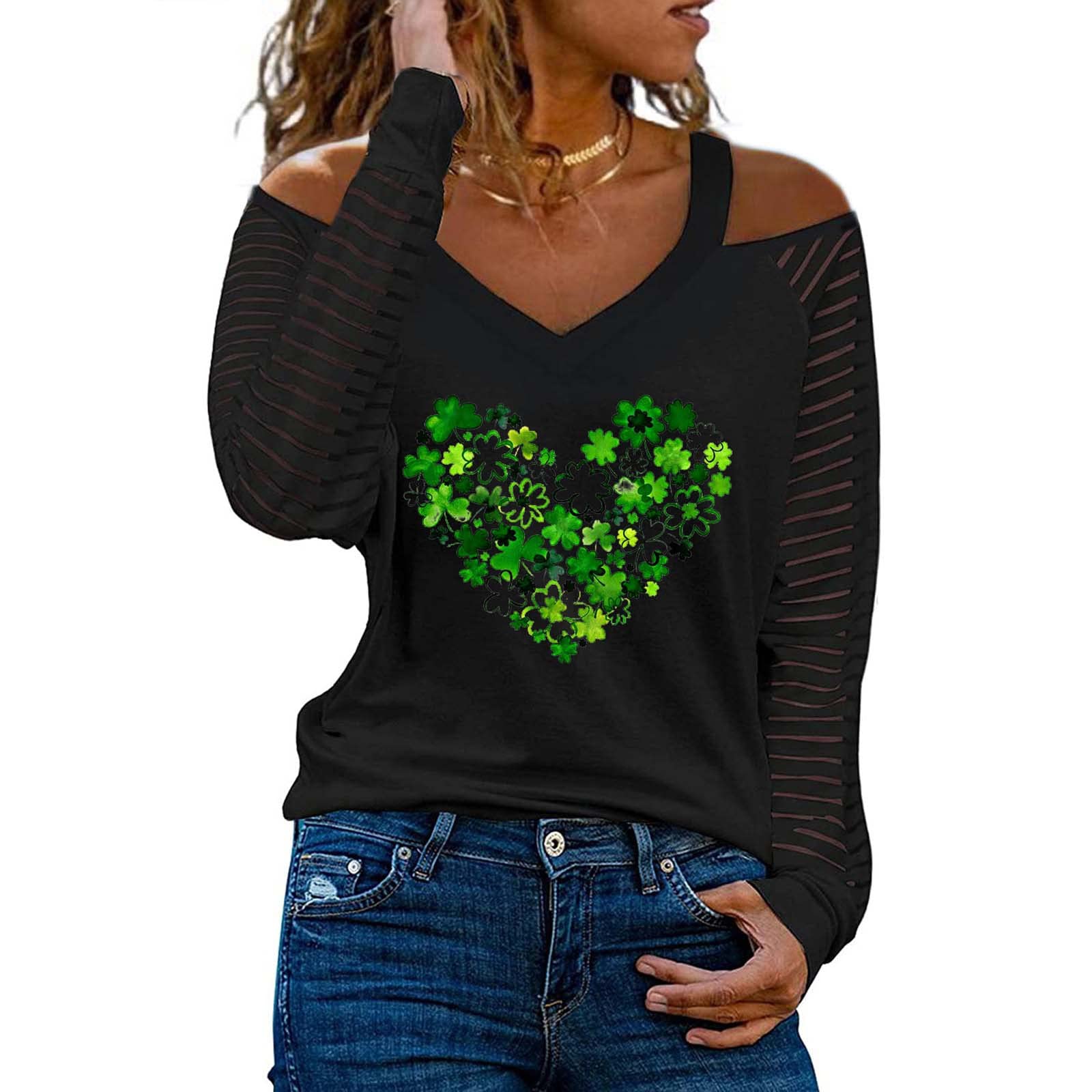 Saint Patricks Day Womens Cold Shoulder Long Sleeve Heart Green Clover Print Shirts Blouse Breathable Loose Tee Tops