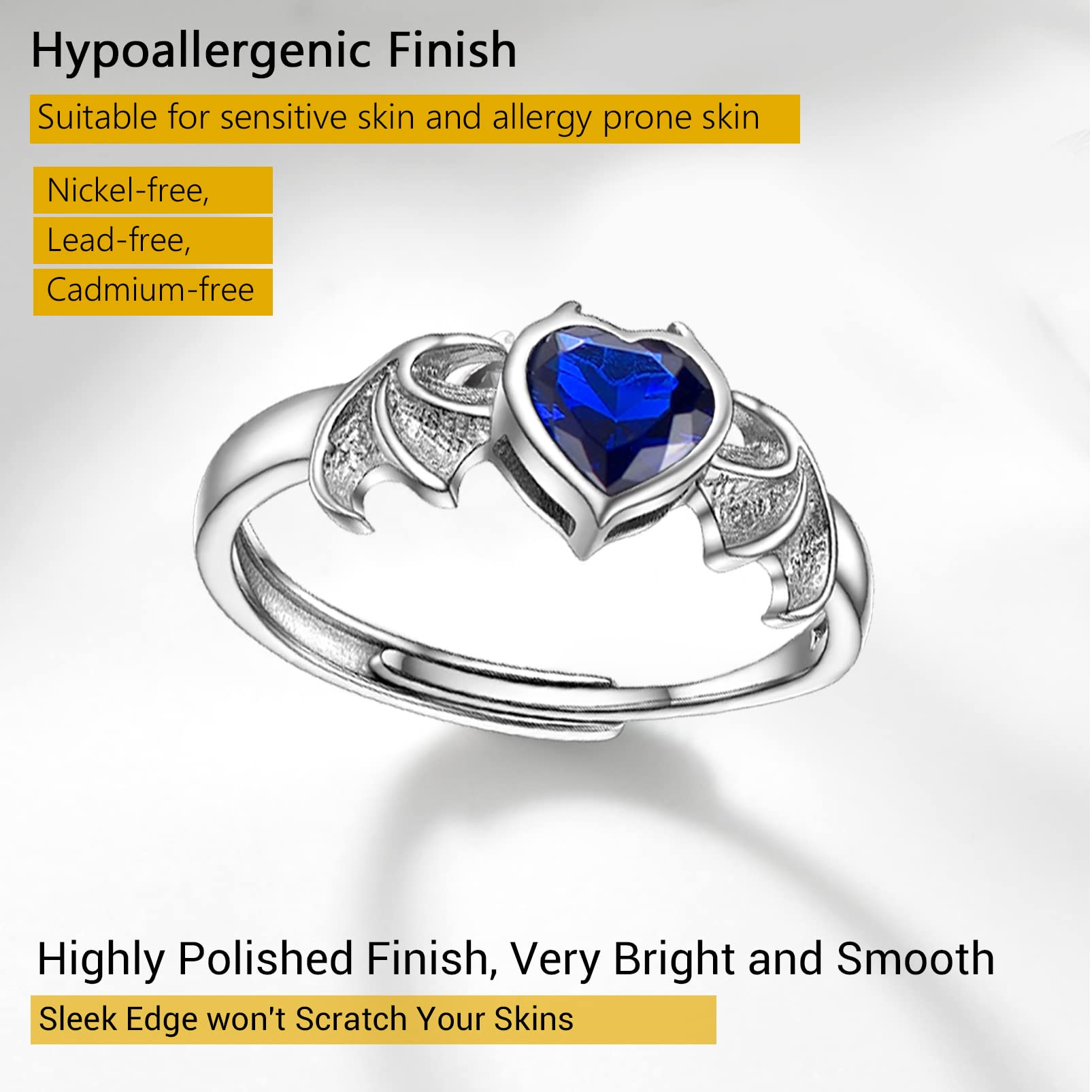 PROSILVER Cute Vampire Ring August Birthstone Silver Adjustable Wing Heart Ring for Women