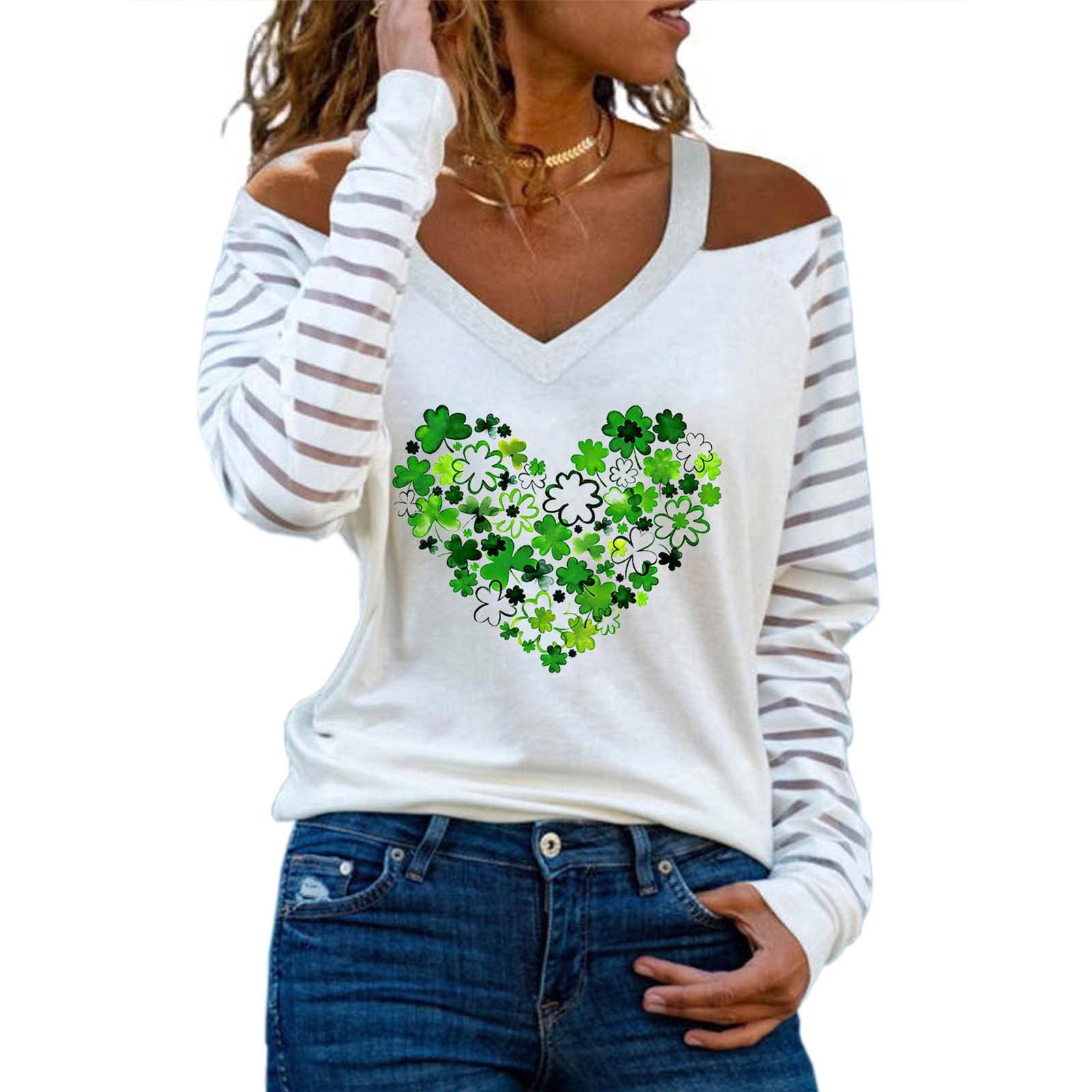 Saint Patricks Day Womens Cold Shoulder Long Sleeve Heart Green Clover Print Shirts Blouse Breathable Loose Tee Tops