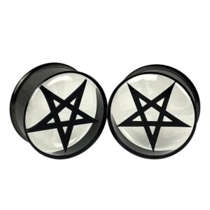 mystic metals body jewelry pair of black embedded pentagram in clear resin plugs (mto-066) (5/8" (16mm))