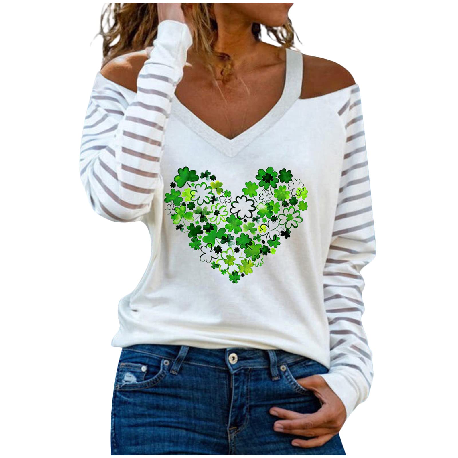 Saint Patricks Day Womens Cold Shoulder Long Sleeve Heart Green Clover Print Shirts Blouse Breathable Loose Tee Tops