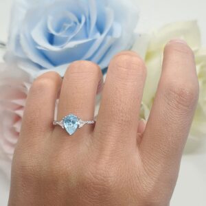 OMRANII Simulated Aquamarine CZ Size-7 Teardrop Pear Art Deco Engagement Wedding Bridal Ring Round Triangle Round CZ 925 Sterling Silver