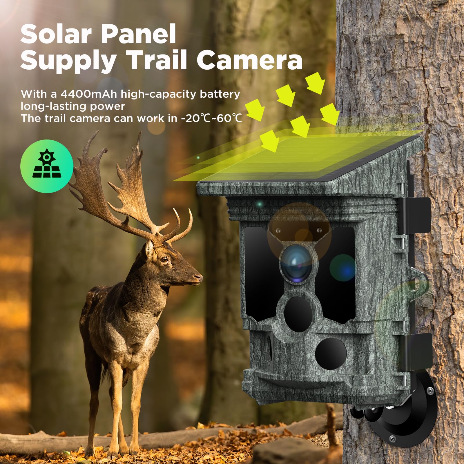 VOOPEAK Trail Camera Solar Powered 46MP 4K 30FPS, WiFi Bluetooth Game Camera with 120°Wide-Angle Motion Activated with Night Vision 0.1s Trigger Time IP66 Waterproof for Wildlife Monitoring Security