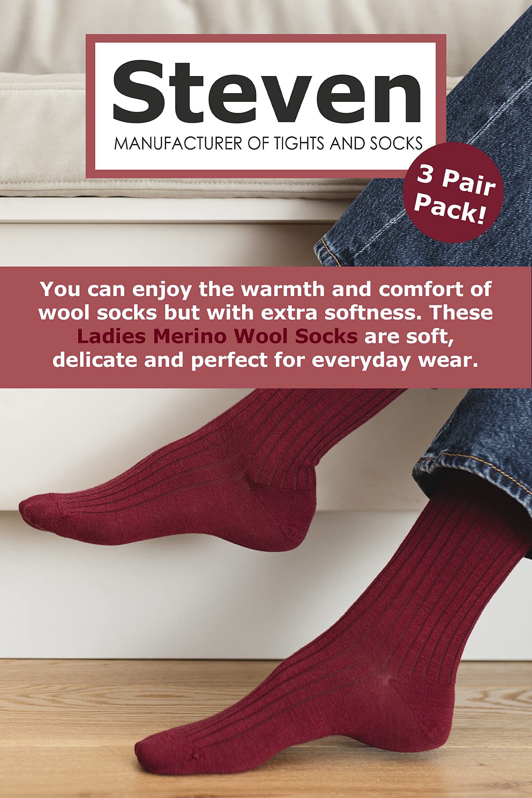 3 Pairs Womens Merino Wool Socks | Steven | Ladies Lightweight Warm Boot Socks (4-6, Dark Grey)