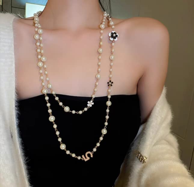 Designer Imitation Pearl Neckalce Camellia Flower Number 5 Long Layered Charm Sweater Neckalce for Women