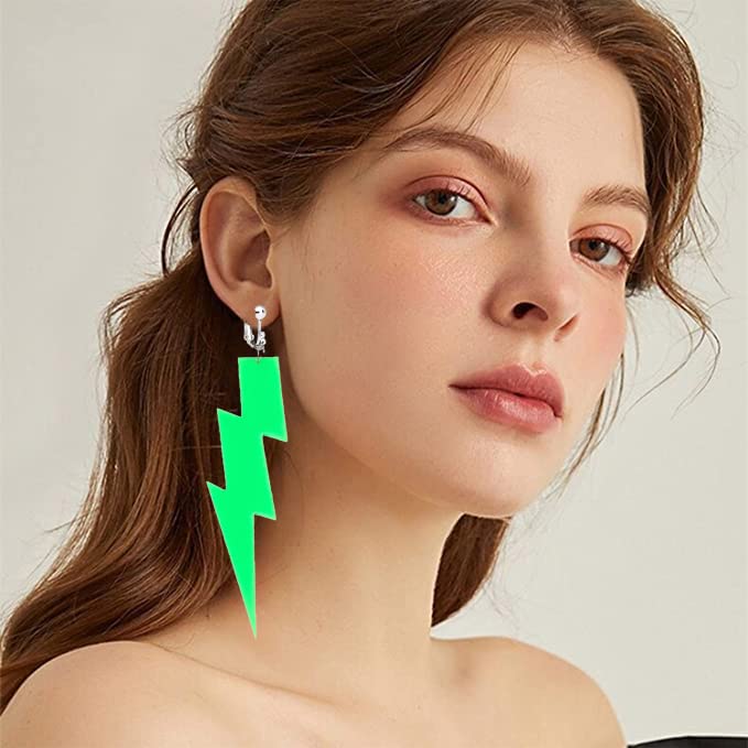 3 Pairs 80S Neon Earrings Earrings Exaggerate Punk Lightning Bolt Clip on Earrings Halloween 1980s Party Non Pierced Clip Earrings for Women (rose red+green+yellow)