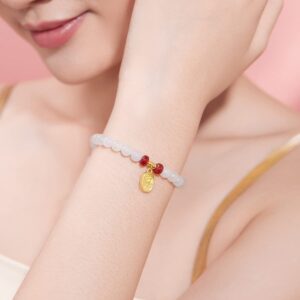 ZHOU LIU FU 24K Solid Gold Bracelets, Real Pure Gold Jewelry White Nephrite Jade Beaded Bracelets Dainty Gold Fortune Plate for Women Men Teen Girls