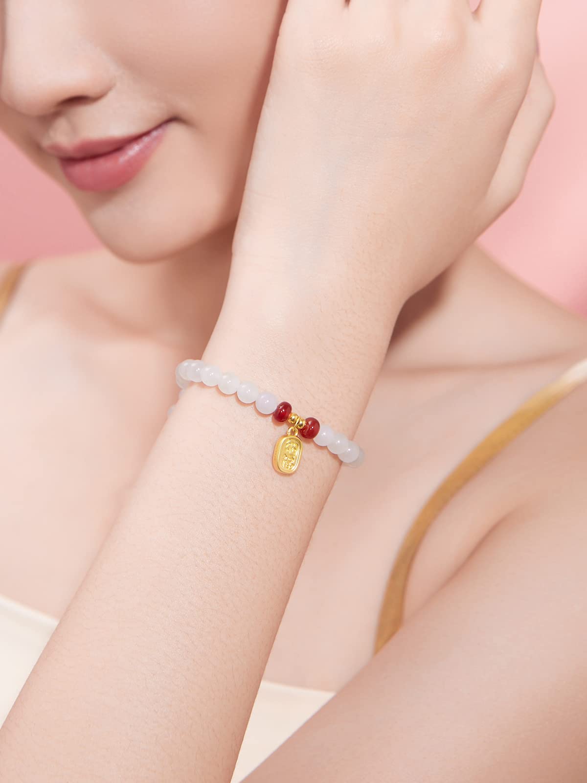 ZHOU LIU FU 24K Solid Gold Bracelets, Real Pure Gold Jewelry White Nephrite Jade Beaded Bracelets Dainty Gold Fortune Plate for Women Men Teen Girls