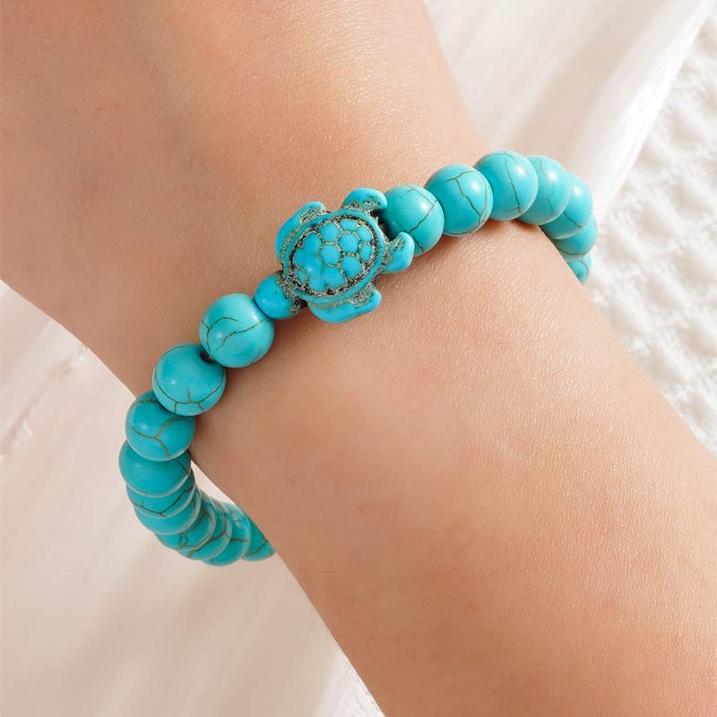 Caiyao Bohemian Turquoise Turtle Bracelet Vintage Adjustable Handmade Woven Bracelet Natutal Stone Bead Elastic String Stretch Bracelet for Women Beach Jewelry-D beads