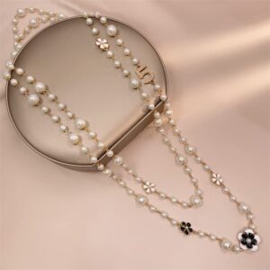 Designer Imitation Pearl Neckalce Camellia Flower Number 5 Long Layered Charm Sweater Neckalce for Women