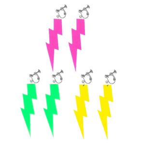 3 Pairs 80S Neon Earrings Earrings Exaggerate Punk Lightning Bolt Clip on Earrings Halloween 1980s Party Non Pierced Clip Earrings for Women (rose red+green+yellow)