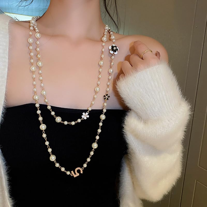 Designer Imitation Pearl Neckalce Camellia Flower Number 5 Long Layered Charm Sweater Neckalce for Women