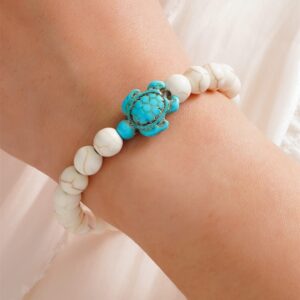 Caiyao Bohemian Turquoise Turtle Bracelet Vintage Adjustable Handmade Woven Bracelet Natutal Stone Bead Elastic String Stretch Bracelet for Women Beach Jewelry-D beads