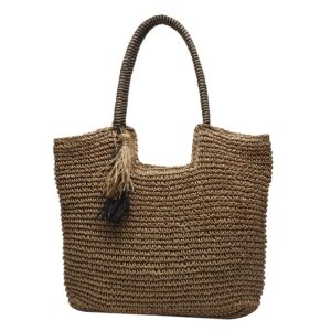 OWGSEE Straw Beach Bag, Summer Woven Tote Bag with Tassels Large Shoulder Handbag Straw Purses and Handbags for Women (Khaki)