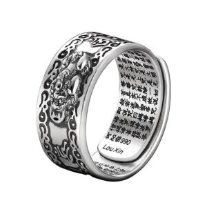 Feng Shui Pixiu Mantra Ring Buddhist Lucky Amulet Mantra Double Protection Wealth Ring Jewelry Adjustable Ring for Women Men (Xiang Yun)