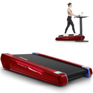 funmily walking pad treadmill with 5% incline, 2.5hp smallest under desk treadmill for home office, compact walking treadmill 300lbs weight capacity/remote control/lighting design(red)