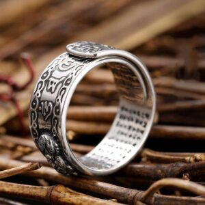 Feng Shui Pixiu Mantra Ring Buddhist Lucky Amulet Mantra Double Protection Wealth Ring Jewelry Adjustable Ring for Women Men (Xiang Yun)