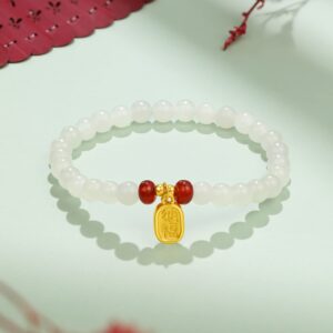 ZHOU LIU FU 24K Solid Gold Bracelets, Real Pure Gold Jewelry White Nephrite Jade Beaded Bracelets Dainty Gold Fortune Plate for Women Men Teen Girls