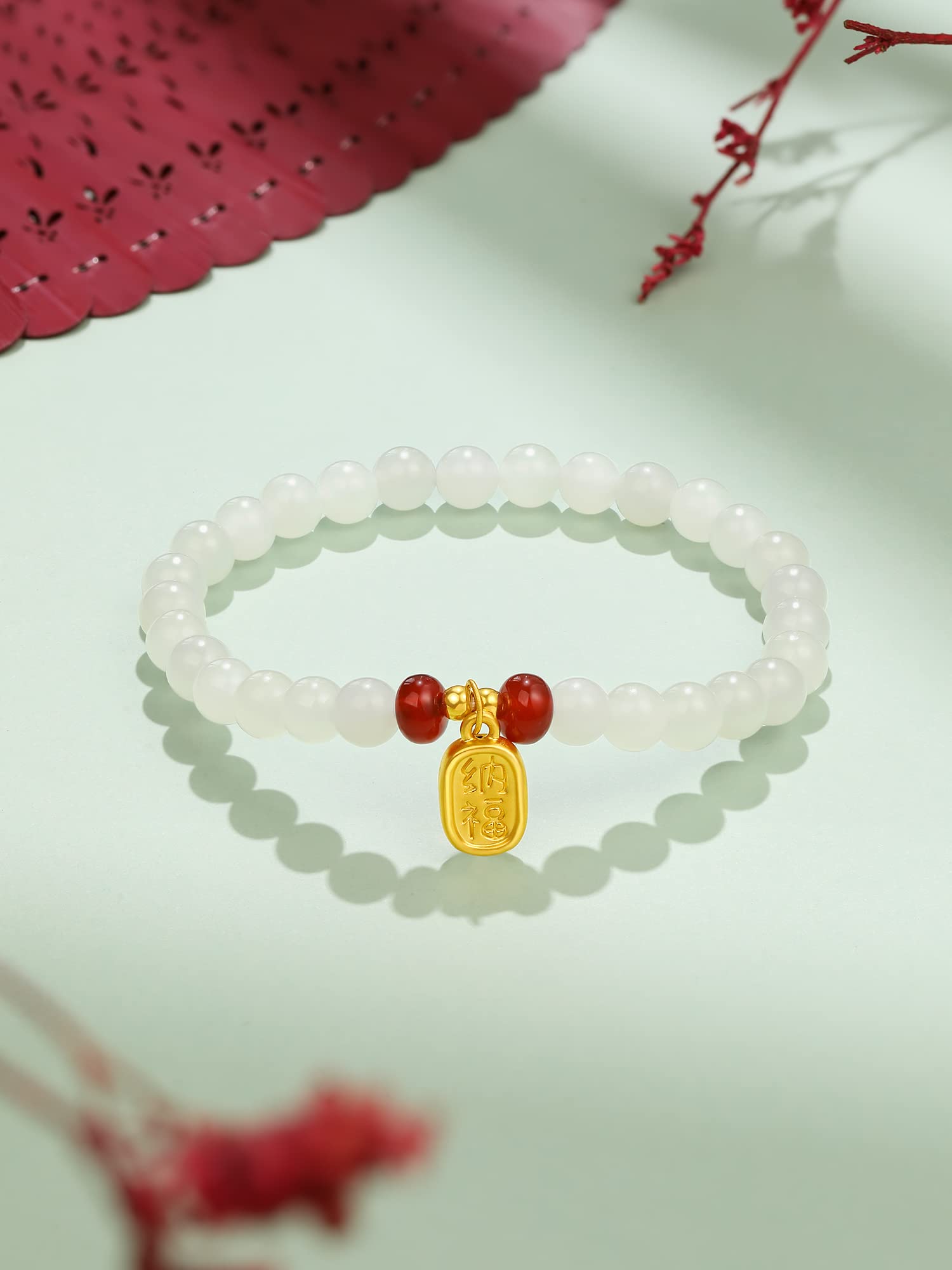 ZHOU LIU FU 24K Solid Gold Bracelets, Real Pure Gold Jewelry White Nephrite Jade Beaded Bracelets Dainty Gold Fortune Plate for Women Men Teen Girls