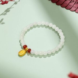 ZHOU LIU FU 24K Solid Gold Bracelets, Real Pure Gold Jewelry White Nephrite Jade Beaded Bracelets Dainty Gold Fortune Plate for Women Men Teen Girls