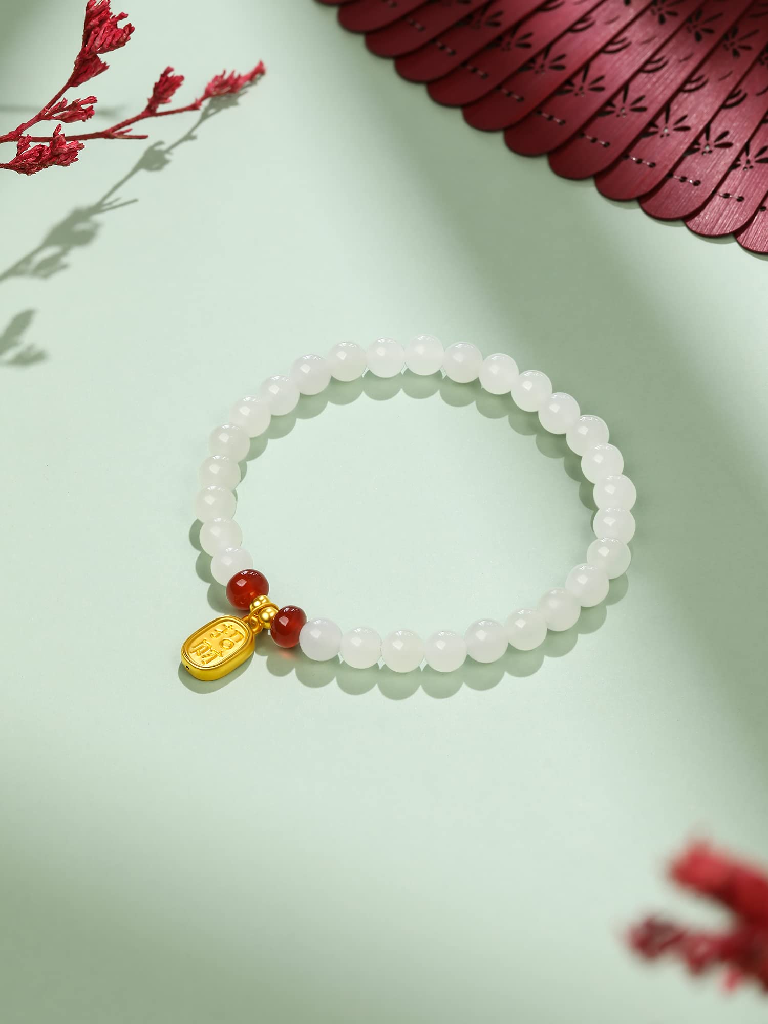 ZHOU LIU FU 24K Solid Gold Bracelets, Real Pure Gold Jewelry White Nephrite Jade Beaded Bracelets Dainty Gold Fortune Plate for Women Men Teen Girls