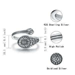 925 Sterling Silver Spoon Ring - Vintage Adjustable Butterfly Sunflower Sun SkullSpoon Rings for Women Flower Wide Thumb Ring (Sunflower)