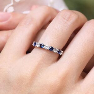 CTIEIP 10K/14K/18K Gold Sapphire Diamond Eternity Band for Women Real Diamond and Simulated Sapphire Eternity Wedding Ring Jewelry Gift for Her