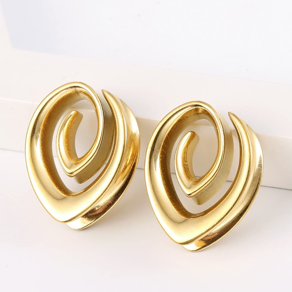 Earblity 2PCS 16mm/5/8 Gold Spiral Saddle Plugs Gauges Tunnels for Stretched Ears, Hypoallergenic 316 Stainless Steel Ear Tunnels Gauges Body Piercing Jewelry for Men Women