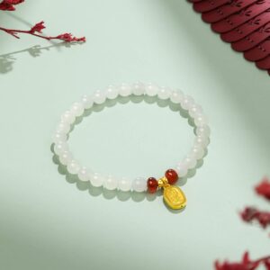 ZHOU LIU FU 24K Solid Gold Bracelets, Real Pure Gold Jewelry White Nephrite Jade Beaded Bracelets Dainty Gold Fortune Plate for Women Men Teen Girls