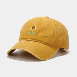 Women Adjustable Size Baseball Caps Sunflower Embroidered Cotton Strapback Hat for Fishing Hunting Hiking (Yellow, One Size)