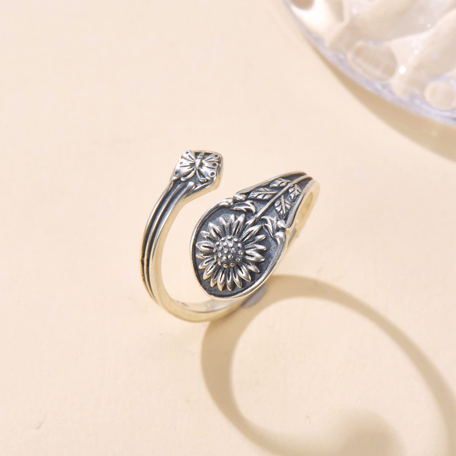 925 Sterling Silver Spoon Ring - Vintage Adjustable Butterfly Sunflower Sun SkullSpoon Rings for Women Flower Wide Thumb Ring (Sunflower)