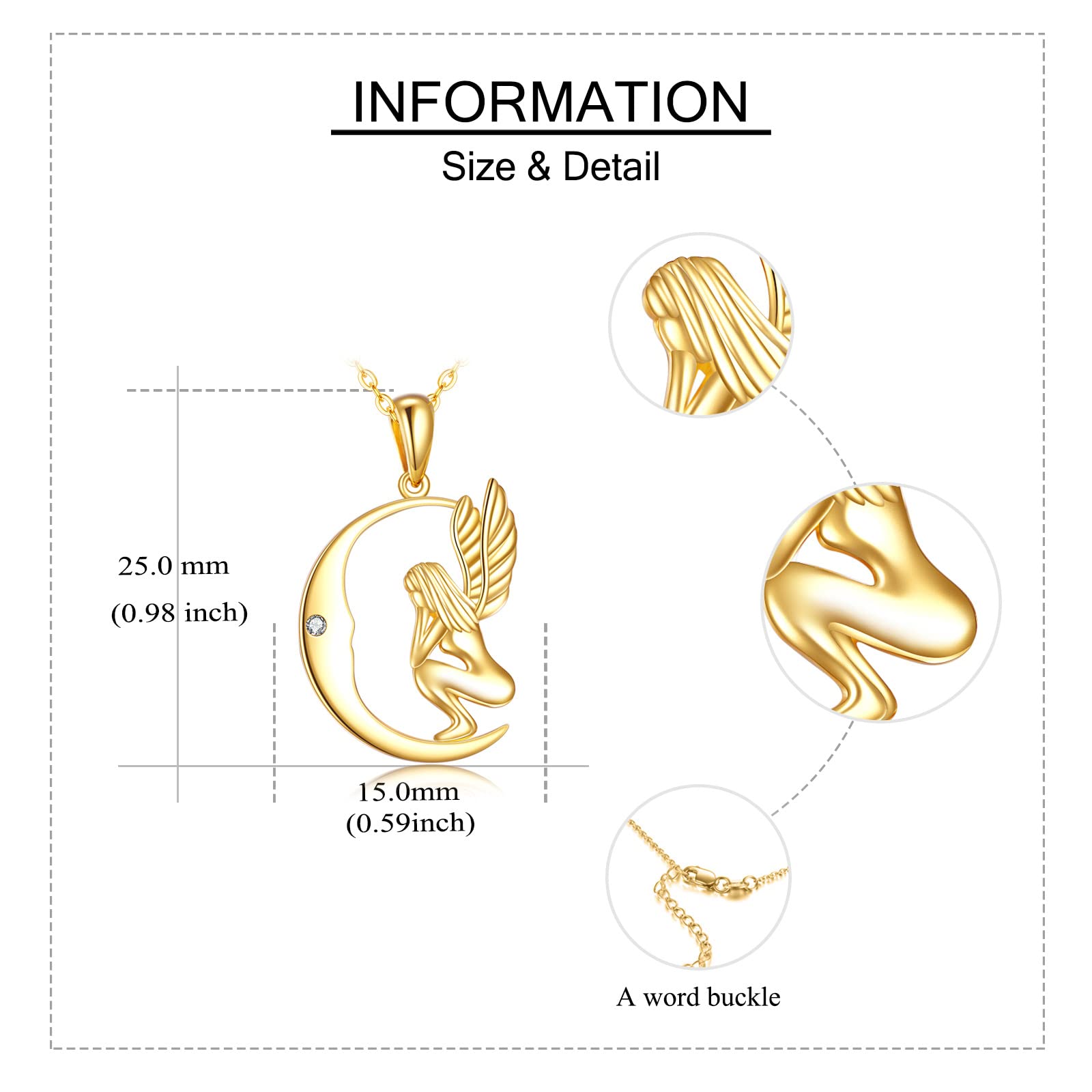 ELFRONT 14K Solid Gold Guardian Angel Wings Necklace for Women Moon Pendant Necklace Real Gold Jewelry Birthday Gifts for Her Wife Mom Grandma Girlfriend