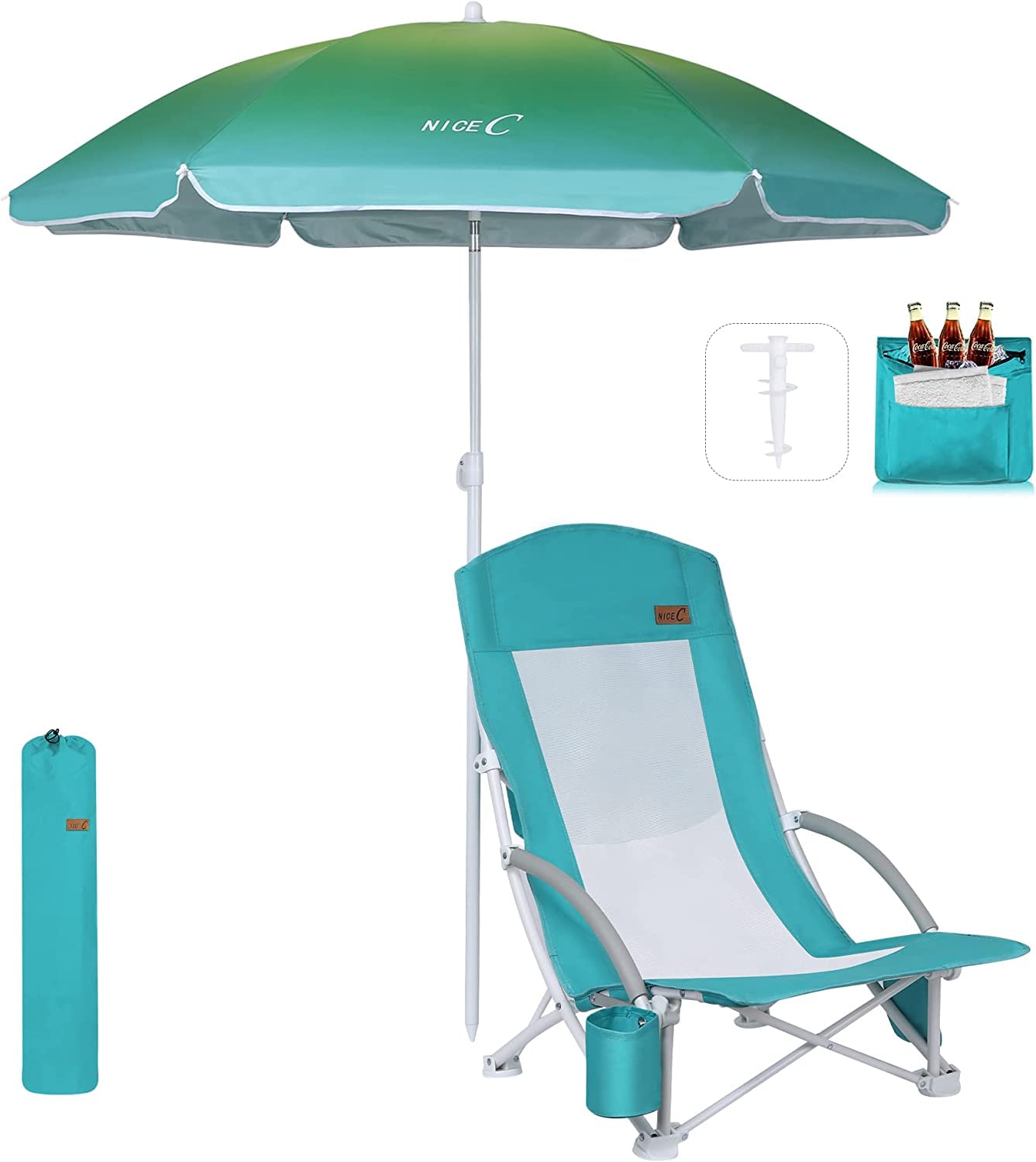 Nice C Beach Chair with Cooler and Umbrella + Low Beach Camping Chair