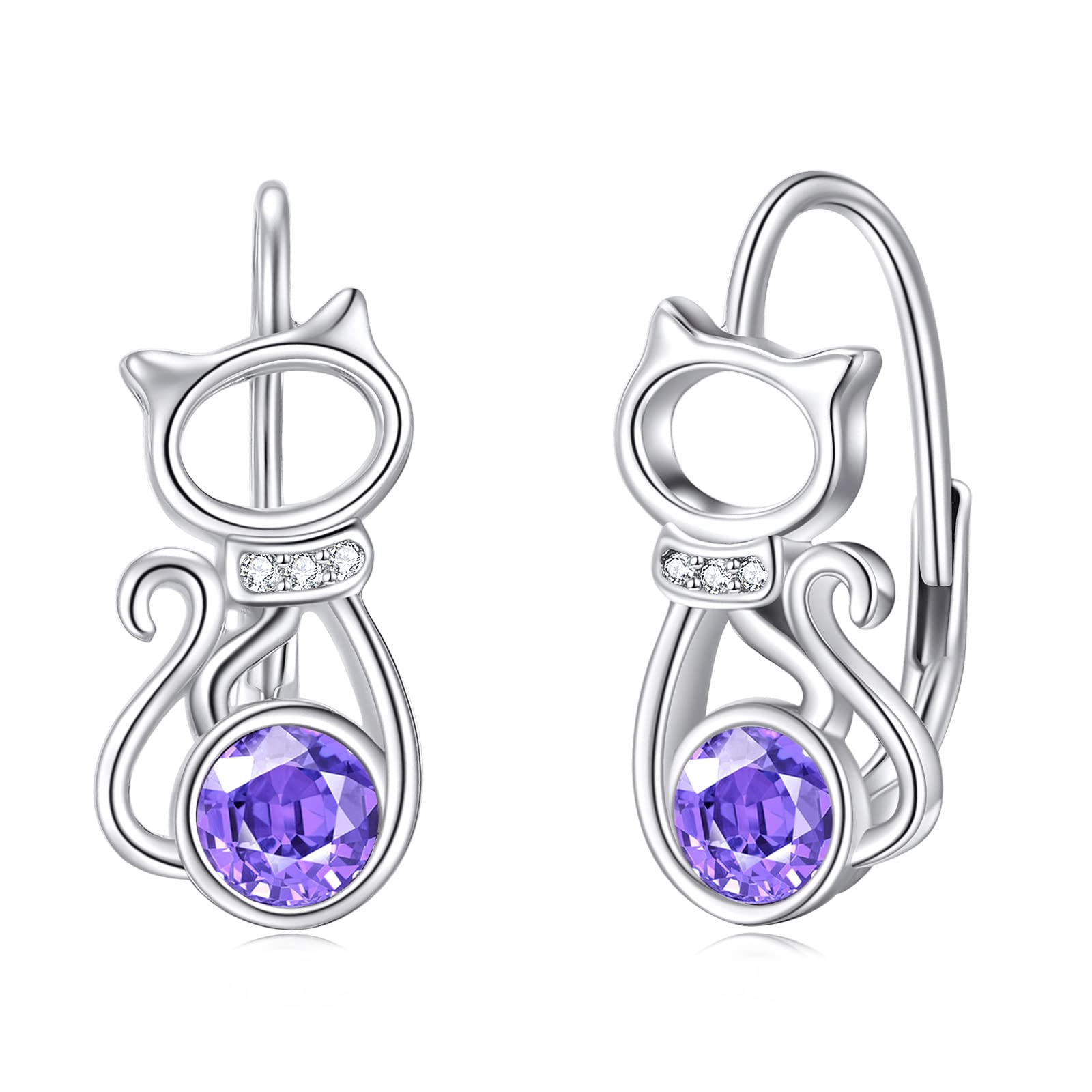 AOBOCO 925 Sterling Silver Cat Earrings for Women Purple Crystal Cat Leverback Dangle Earrings Cat Jewelry Packaged with Jewelry Box Gifts for Women Wife