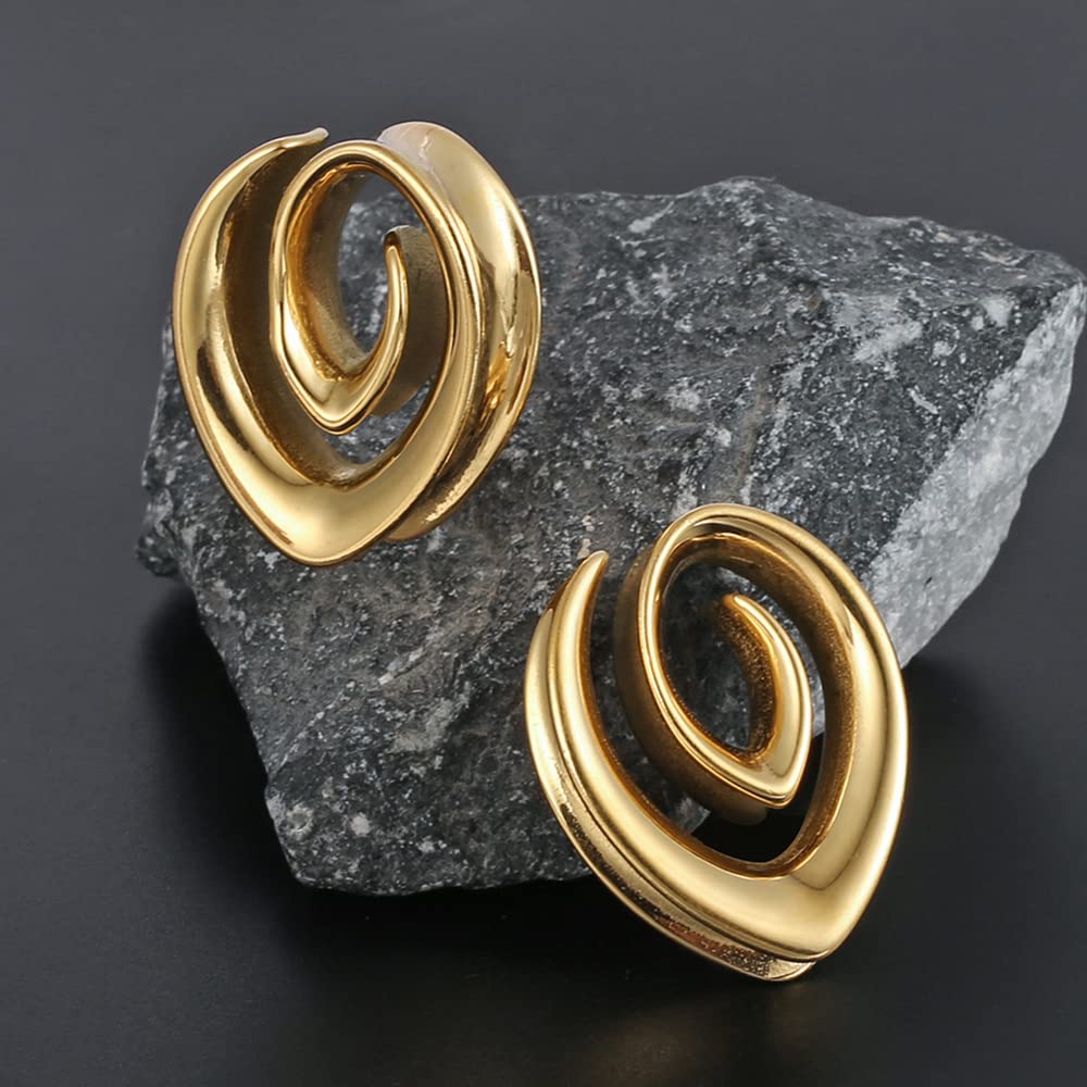 Earblity 2PCS 16mm/5/8 Gold Spiral Saddle Plugs Gauges Tunnels for Stretched Ears, Hypoallergenic 316 Stainless Steel Ear Tunnels Gauges Body Piercing Jewelry for Men Women