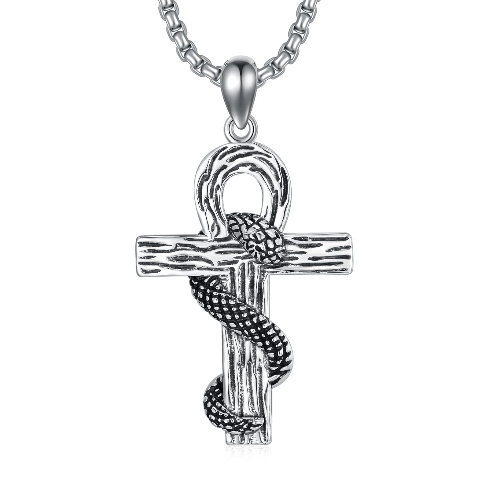 PDTJMTG Ankh Necklace Sterling Silver Egyptian Ankh Snake Cross Pendant with Stainless Steel Chain Gift for Men Women